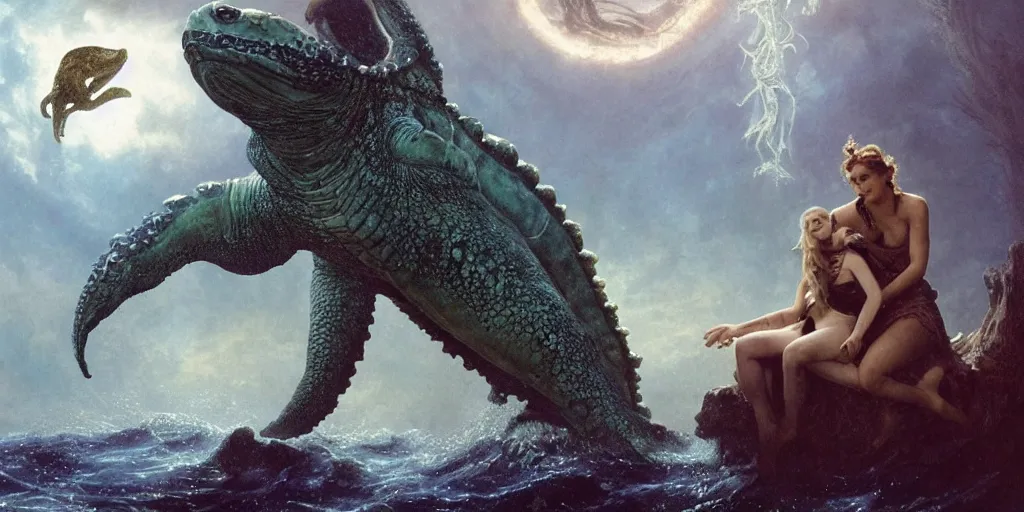 Prompt: Fantasy fairytale story, Great Leviathan Turtle, cephalopod, Cthulhu Squid, Mysterious Island, center Universe, accompany hybrid, Cory Chase, Blake Lively, Anya_Taylor-Joy, Grace Moretz, Halle Berry, Mystical Valkyrie, Anubis-Reptilian, Atlantean Warrior, intense fantasy atmospheric lighting, hyperrealistic, William-Adolphe Bouguereau, François Boucher, Jessica Rossier, Michael Cheval, michael whelan, Cozy, hot springs hidden Cave, candlelight, natural light, lush plants and flowers, Spectacular Mountains, bright clouds, luminous stellar sky, outer worlds, Solar Flare Unreal Engine, HD,