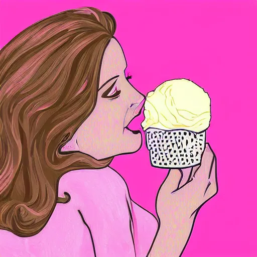 Prompt: strawberry blonde haired girl eats pink ice cream, cute, digital art, pop art
