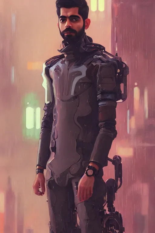 Image similar to a full body portrait oil painting illustration of rahul kohli by justin sweet and greg rutkowski and alphonse mucha with face and body clearly visible, techwear, futuristic, cyberpunk, raining! artstation trending, high quality, colourful! artstation trending, abstract colours, no crop, entire character!,