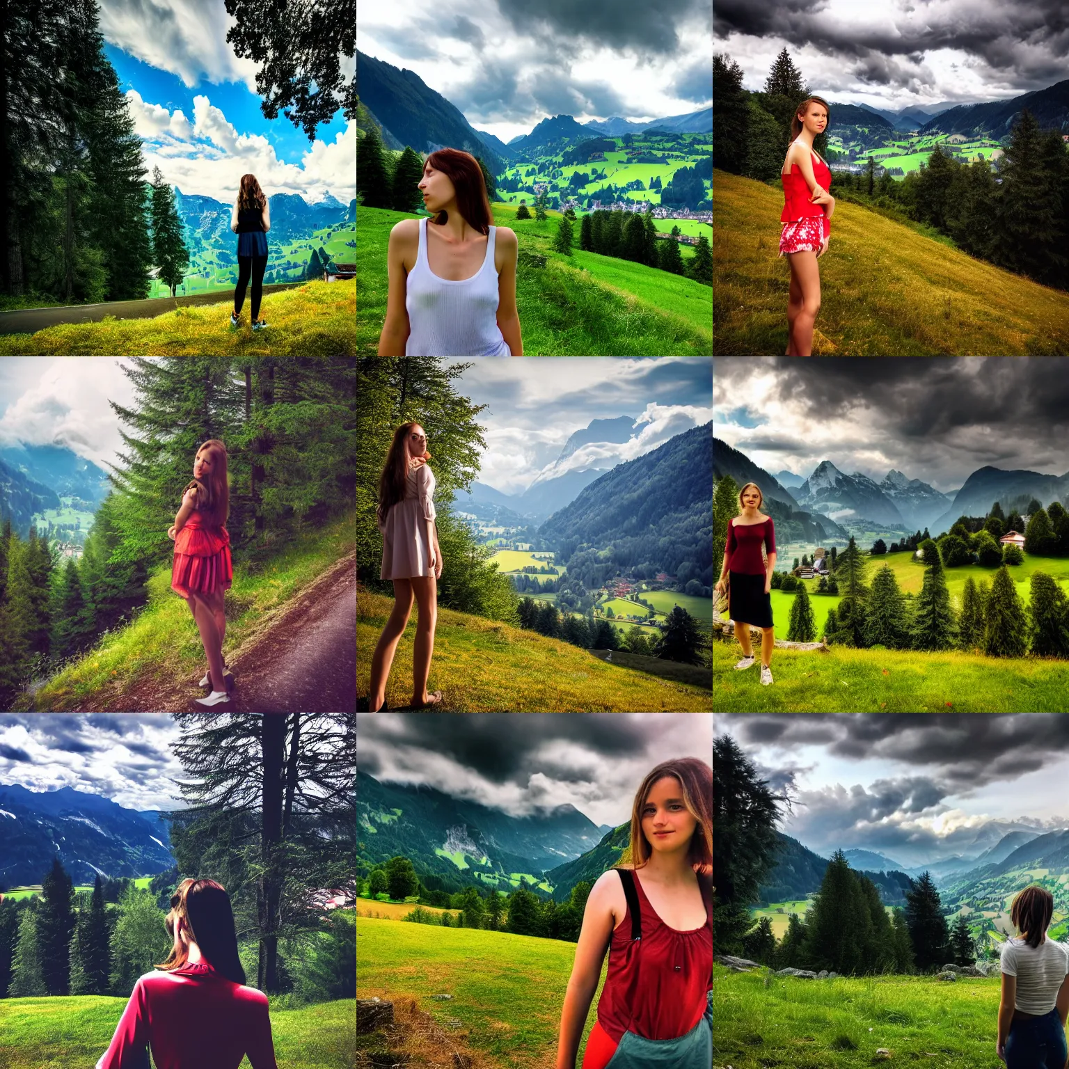 Image similar to a beautiful photograph of a girl with switzerland landscape in the background with trees, hdr, 8 k, high quality, sharp focus, artstation, highly detailed, award - winning, dramatic lighting, beautiful clouds, and nature