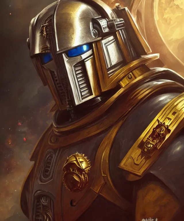 Image similar to Tom Pertwee Doctor Who as Warhammer 40k Space Marine, portrait, fantasy, intricate, elegant, highly detailed, digital painting, artstation, concept art, smooth, sharp focus, illustration, art by artgerm and greg rutkowski and alphonse mucha