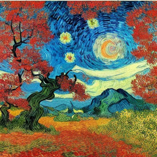 Prompt: A painting combining the styles of Hiroo Isono, Frank Frazetta, and Vincent Van Gogh
