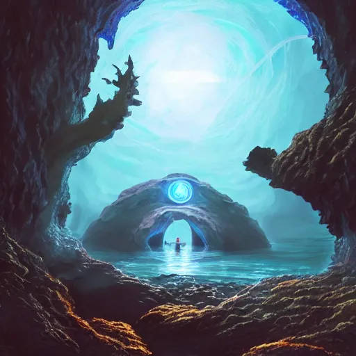 Prompt: a scary glowing blue magical portal to another world in darwin's arch, ocean and rock landscape, d & d, fantasy, intricate, elegant, highly detailed, digital painting, artstation, concept art, matte, sharp focus, illustration, art by hayao miyazaki and hideo kojima