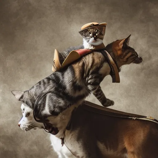 Prompt: a cat riding on a dog's back. the cat is wearing a cowboy hat. hd photograph.