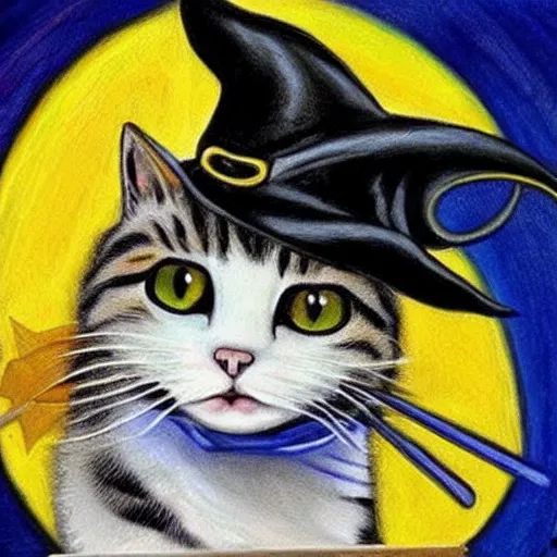 Image similar to beautiful work of art artistic painting realistic masterpiece where a cat comes out with a witch hat