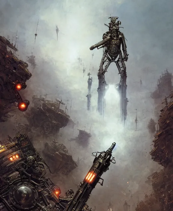 Image similar to a soldier in steampunk armour charging the enemy amongst powerful explosions, by HR Giger and Beksiński and Stephan Martiniere , 4k resolution, detailed, trending on artstation