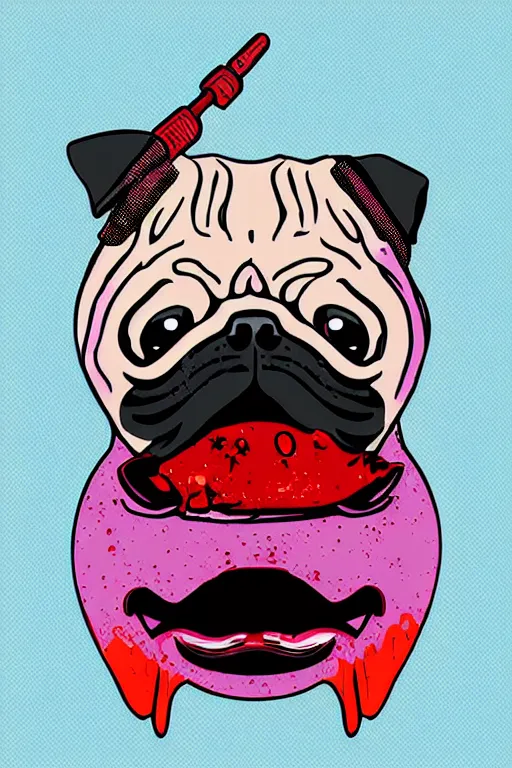 Image similar to Evil pug, sticker, blood thirsty, blood, evil, colorful, illustration, highly detailed, simple, smooth and clean vector curves, no jagged lines, vector art, smooth