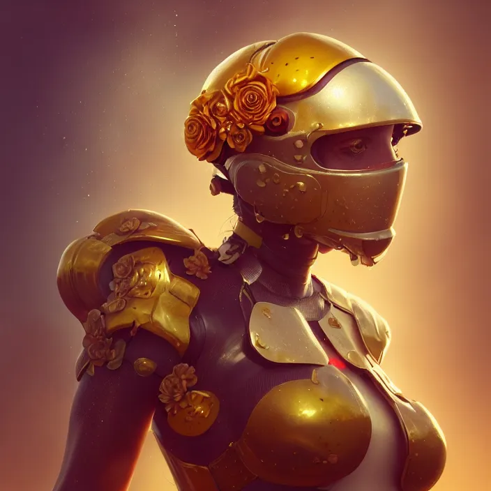 Prompt: retrofuturism old rct screen, ultra realistic illustration, spanish muscular girl with flowers blossoming from helmet, elegant, highly detailed, digital painting, concept art, smooth, sharp focus, volumetric lighting, photorealistic rendering, artstation, redshift, octane, golden ratio