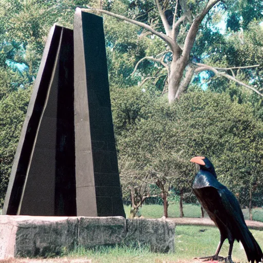 Image similar to a giant crow with a round body short legs and large black beak sitting in a black stone obelisk, high resolution film still, film by Jon Favreau