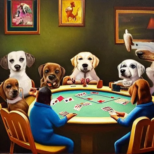 Prompt: dogs playing poker painting but replace the dogs with characters from bluey