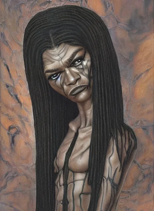 Image similar to portrait of zendaya with a little alien head for a tongue, necronom v, painting by h. r. giger