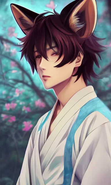 Image similar to A realistic anime portrait of a handsome young man with fox ears wearing a kimono, digital painting, by WLOP and Rossdraws, digtial painting, trending on ArtStation, deviantart