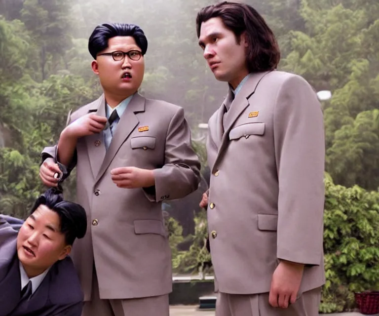 Image similar to hyperralism pineapple express ( 2 0 0 8 ) movie still photography of realistic detailed north korean kim chen with detailed face smoking reviewing detailed weed bush in detailed basement bedroom ultra violet light