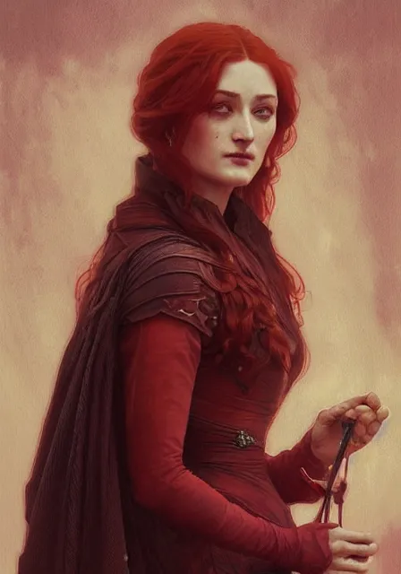 Prompt: portrait of red sansa stark, intricate, elegant, highly detailed, digital painting, artstation, concept art, smooth, sharp focus, illustration, art by artgerm and greg rutkowski and alphonse mucha and william - adolphe bouguereau