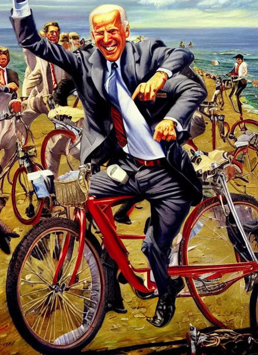 Prompt: joe biden falling off his bicycle, pulp art oil painting by mort kunstler and wilson mclean, intricate, hyper detailed, 4 k, hd, award winning, photorealistic