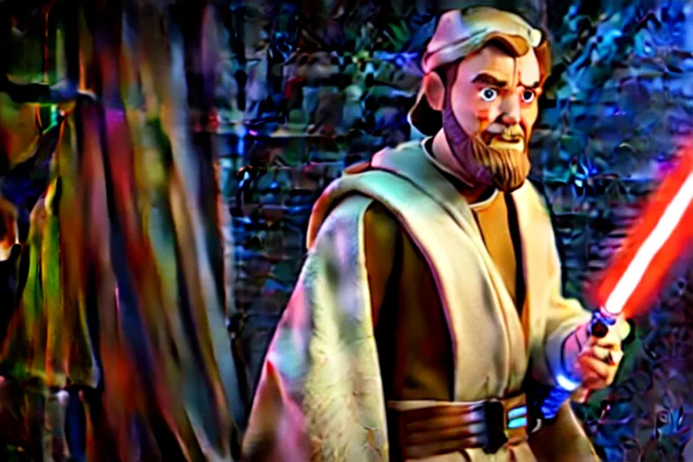 Image similar to obi wan kenobi, screenshot in a typical pixar movie, disney infinity 3 star wars style, volumetric lighting, subsurface scattering, photorealistic, octane render, josh black