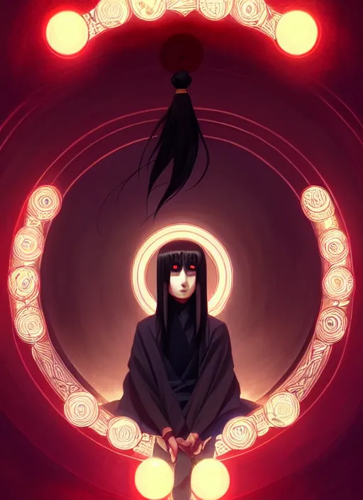 Image similar to symmetry!! itachi, glowing lights!! intricate, elegant, highly detailed, digital painting, artstation, concept art, smooth, sharp focus, illustration, art by artgerm and greg rutkowski and alphonse mucha