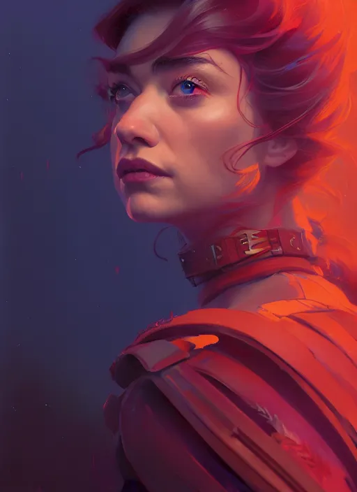 Image similar to side portrait, imogen poots, paladin, gloomhaven, organic painting, hard edges, red - blue tones, luminescent, octane render, by greg manchess, huang guangjian, gil elvgren, sachin teng, greg rutkowski, jesper ejsing, rhads, ilya kuvshinov, cushart krenz