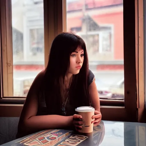 Prompt: dslr photo of a pretty 2 2 year old girl, sitting at a table in a coffee shop across the room, next to a window, drinking a strawberry iced latte at dusk, artgerm, artstation, very high quality face, intricate details, extremely high quality, moody lighting, real camera 8 k