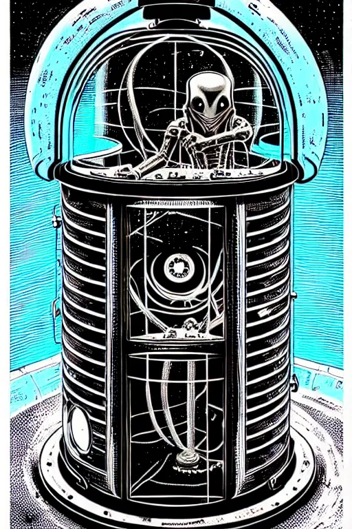 Prompt: steampunk cryo chamber containing friendly grey alien, high details, intricately detailed, by vincent di fate, inking, 3 color screen print, masterpiece, trending on artstation,, sharp, details, hyper - detailed, hd, 4 k, 8 k