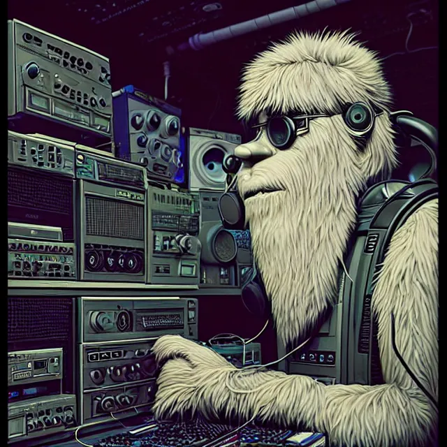 Prompt: a portrait of an anthropomorphic cyberpunk yeti podcasting while working in his secret electronics lab, detailed render, tape deck, studio microphone, boombox, headphones, epic composition, cybernetics, 4 k realistic, cryengine, realistic shaded lighting, sharp focus, masterpiece, by matteo scalera, gary montalbano, peter elson in the style of the tokyo ghost comic