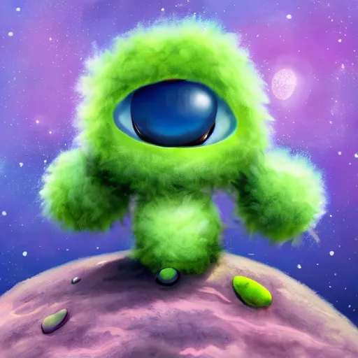 Prompt: cute fluffy alien on planet with craters and unusual plants detailed painting 4k