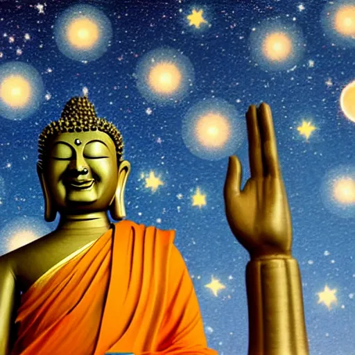 Prompt: the buddha smiling at peace against a background of stars