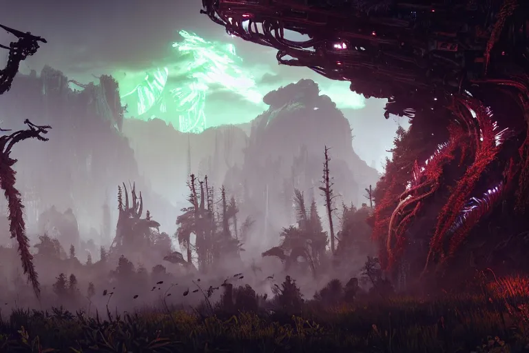 Image similar to wide epic shot from horizon forbidden west. a hyper detailed organic mechanic creatuve realistic similar look as horizon forbidden west horizon zero dawn, bioluminiscence in a dark deep forest at dawn in spring, with reflection and textures, by kilian eng, substance painter reaslitic mech surface metal painted scratches, world env from horizon forbidden west horizon zero dawn