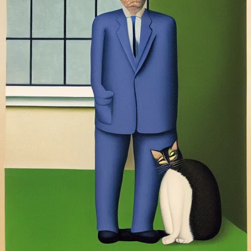 Image similar to old man and cat, by rene magritte