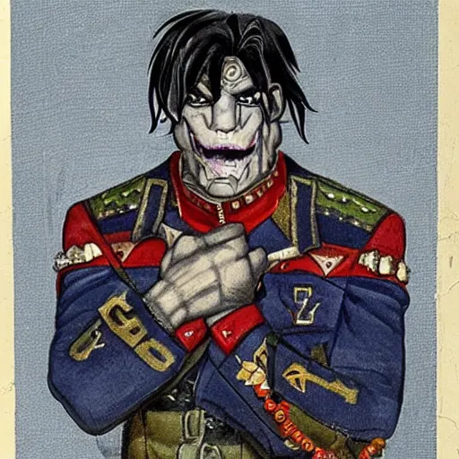 Prompt: a middle aged half - orc wearing a patchwork military uniform jacket with cut sleeves and many charms and baubles worked into the fabric, with an upturned collar. his arms bear rune tattoos, thin fangs show through his lower jaw with a bemused smile. blue grey intelligent eyes. 1 9 th century style