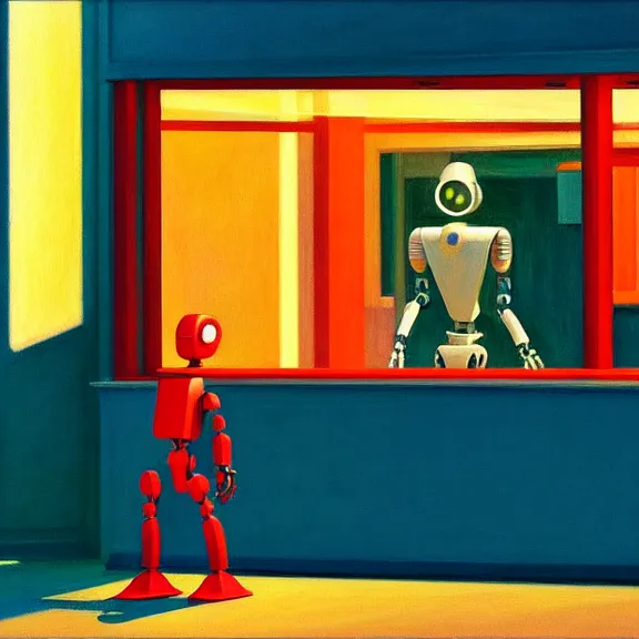 Image similar to beautiful illustration of a robot on light background by Edward Hopper, clean lines, very detailed, colorful octane render