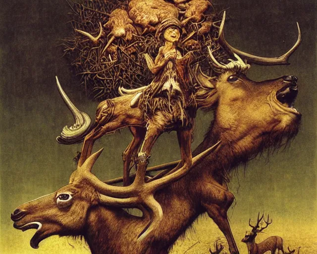 Image similar to Lama, Deer, Dog, Horse combined; fantastic sick damned mutant beast skin-with-inflated-blisters by Beksinski, Arthur Rackham, Eugene de Blaas, Dariusz Zawadzki, Wayne Barlowe