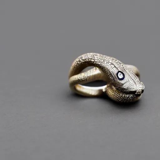 Prompt: Snake-shaped ring twisted on finger with sapphire eyes and diamond-covered body