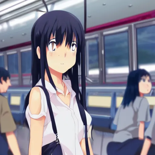 Prompt: closeup of an Anime girl in the bus station in the city of Armenia Quindio, Artwork by Makoto Shinkai, official media, 8k, pixiv, high definition, wallpaper, hd, digital artwork