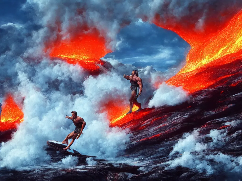 Prompt: arnold schwarzenegger surfing on lava from an erupting volcano, stunning scene, 8 k, digital painting, hyperrealism, bright colors, trending on artstation