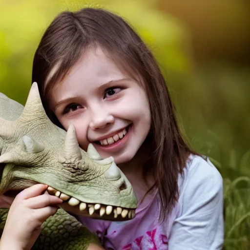 Image similar to girl with a pet triceratops, cute, uhd, 8k, award winning,