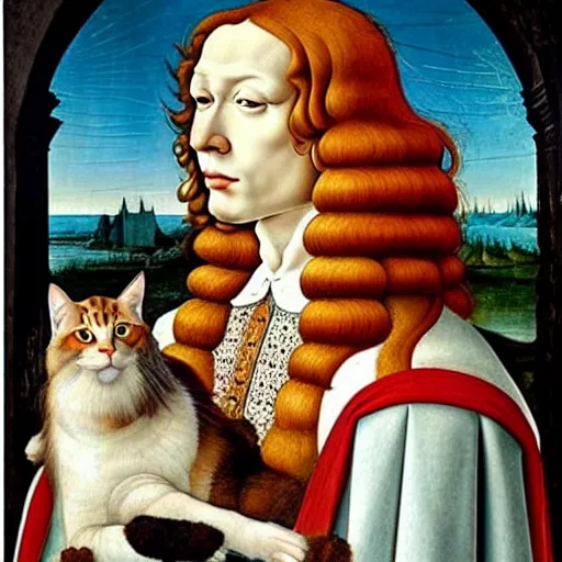 Prompt: beautiful renaissance painting portrait of ginger maine coon by sandro botticelli, jan van eyck, tiziano vecelli, piero della francesca