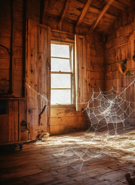 Image similar to a film production still, 2 8 mm, wide shot of a cabin interior, rooster, wooden furniture, cobwebs, spiderwebs, window light illuminates dust in the air, abandoned, depth of field, cinematic