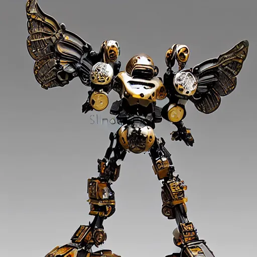 Prompt: smooth combat mech, carved obsidian mechanical exoskeleton wearing hardsurface armour, inlaid with ivory and gold accents, rococo, wings lace wear, sculpted by spider zero, frank gehry, jeff koons, bandai box art, by john berkey, norman rockwell, ivan shishkin