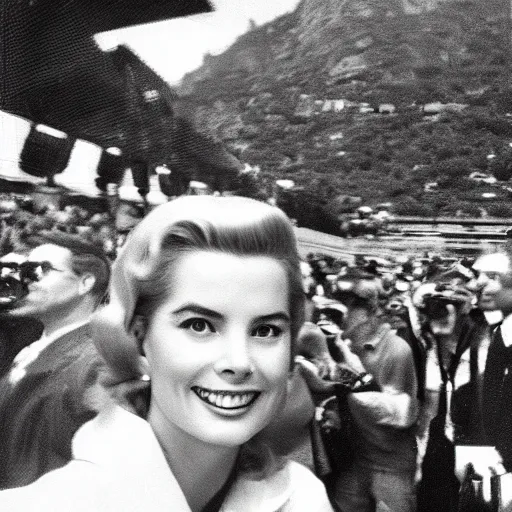 Image similar to selfie smartphone photo of a young Grace Kelly at the Monaco Gran Prix, F1 cars blurred in background, iphone photo, smartphone resolution, trending on instagram, influencer photography