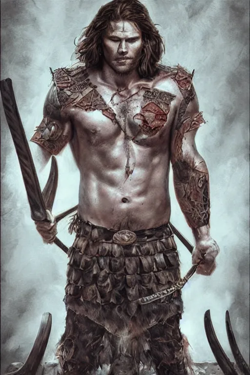 Image similar to front portrait of attractive sam winchester as a viking warrior, clothes torn apart, muscular chest tattooed with runes and symbols, d & d!, fantasy style, sharp focus!, ultra detailed, art by artgerm and peter andrew jones, wlop