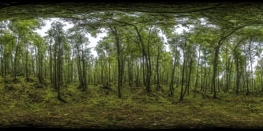 Prompt: a high quality professional 360 photograph of a scary forest