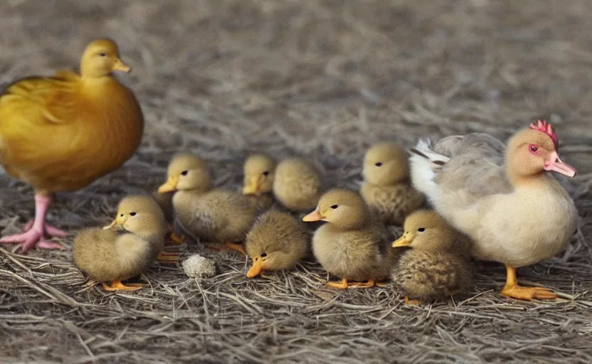 Image similar to a crossbreed of chicken and a duck, with chicks, photo