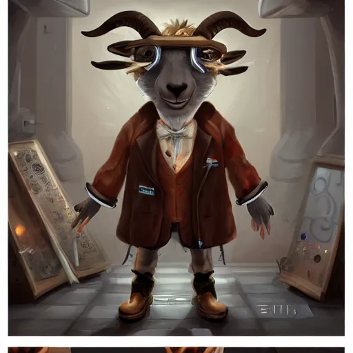 Image similar to a goat who is a mad scientist, wearing a lab coat, inventing a time machine, steampunk style, digital art, trending on artstation and unreal engine, deviantart, smooth, hyper detailed, coherent