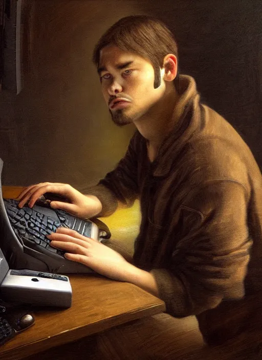 Image similar to insanely detailed chiaroscuro image of a exhausted - looking husky casually - dressed programmer guy on his knees facing his glowing ultrawide computer monitor monitor begging it for forgiveness, oil on canvas, masterwork, fine detail, trending on artstation, emotive, insanely compelling, ryden, koons, moebius