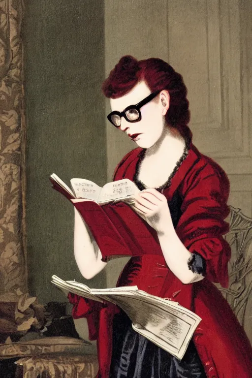 Prompt: a late 1 8 th century vampire woman, skinny, pale skin, with red hair and glasses reading a magazine about bicycles.