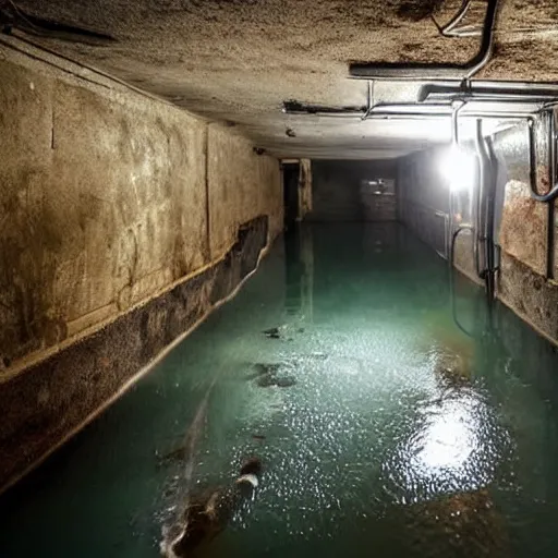 Image similar to deep underground bunker, flooded, dirty water, rusty pipes, cables