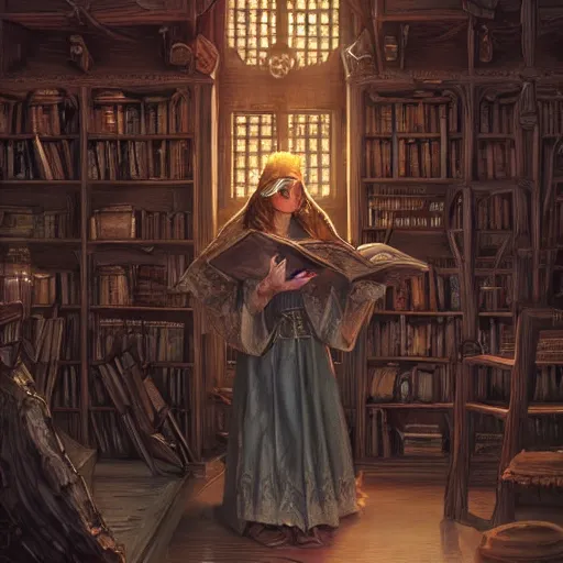 Prompt: corgi sorceress in a library, d & d character art, intricate robes, mystical runes, magical spells, glowing, fantasy, highly detailed digital illustration, beautiful, hyperrealistic, greg rutkowski, trending on artstation