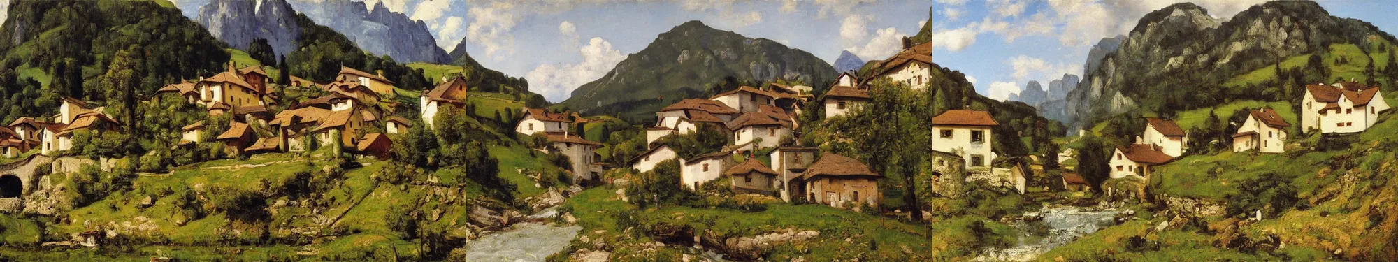 Prompt: High-Quality realist painting of a traditional Swiss village built in a valley and next to a river by Gustave Courbet, colorful houses, very detailed, oil on canvas.