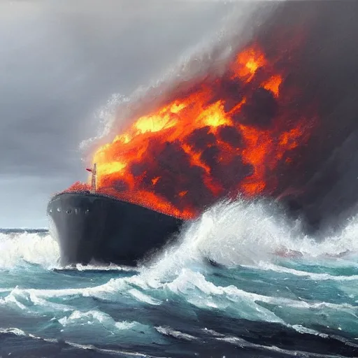 Prompt: A large oil tanker ship bursting into flames in grey rough seas in the atlantic, oil painting, grey clouds, dull colors, dark, rusted